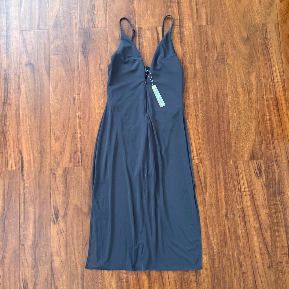 Skims Power Mesh Plunge Midi Dress In Raisin Sz M Sheer Built In Shapewear